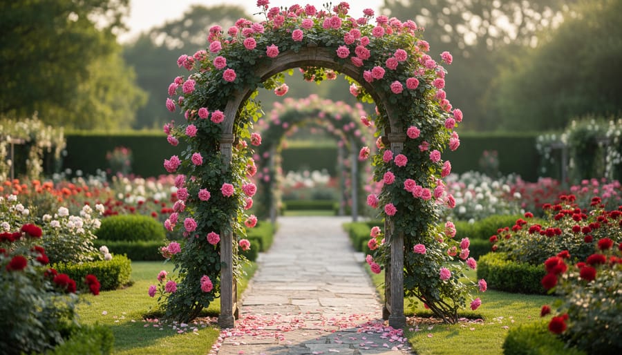 Completed wooden garden archway covered with blooming pink climbing roses