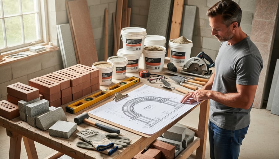 Woodworking tools and cedar lumber materials organized on workbench for garden archway construction