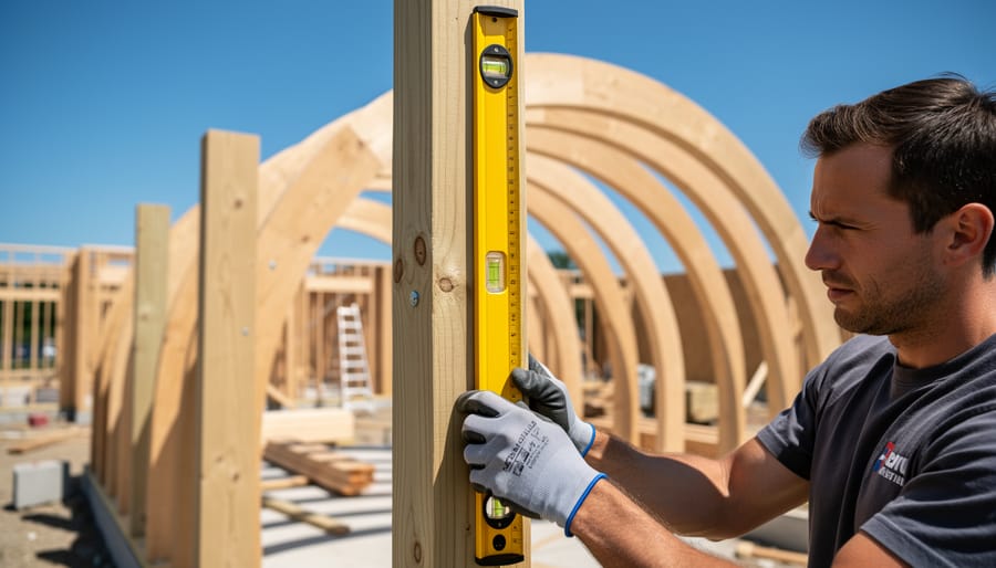 Person using level tool to install vertical wooden post for garden archway