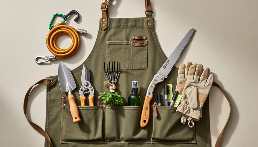 Gardening apron with tools like pruners, plant clips, and twist ties arranged beside it