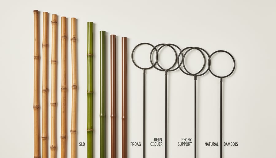 Assorted gardening stakes including bamboo, resin-covered supports, and a peony-ring style support on a workbench.