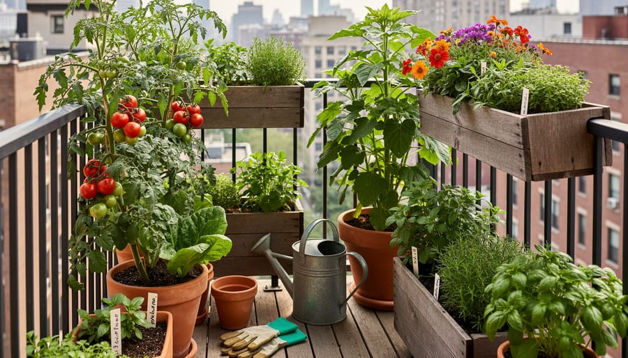 Assorted planters and a watering can arranged on a balcony railing, with healthy container plants in view.