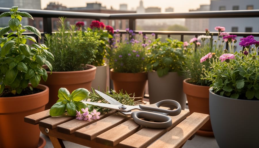 Hands harvesting basil and snipping flower stems in a small balcony herb garden