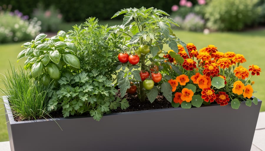Healthy cherry tomato, basil, and marigolds growing in separate containers on a patio during golden hour.