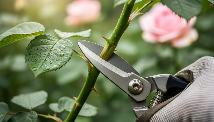 Gardener’s hands using bypass pruning scissors to make a precise cut on a rose stem