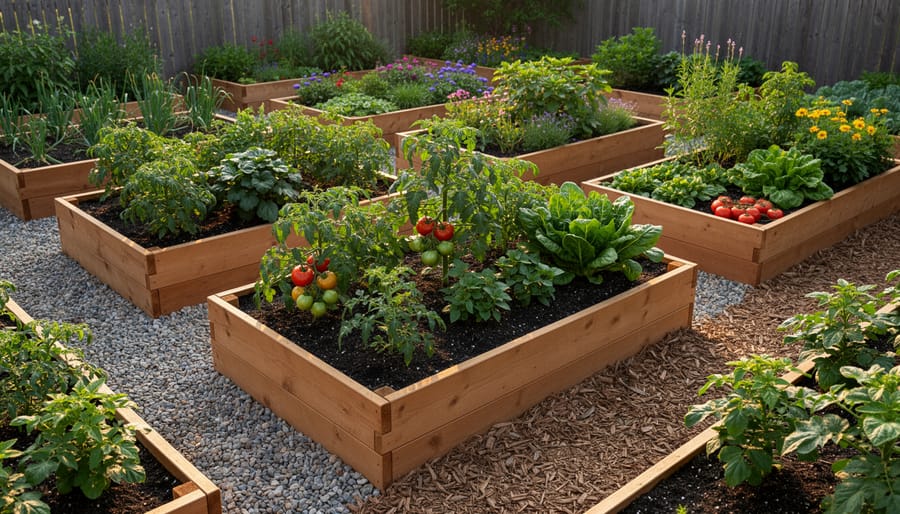 Raised garden beds made of cedar and galvanized metal filled with dark soil and healthy leafy greens and tomato plants.
