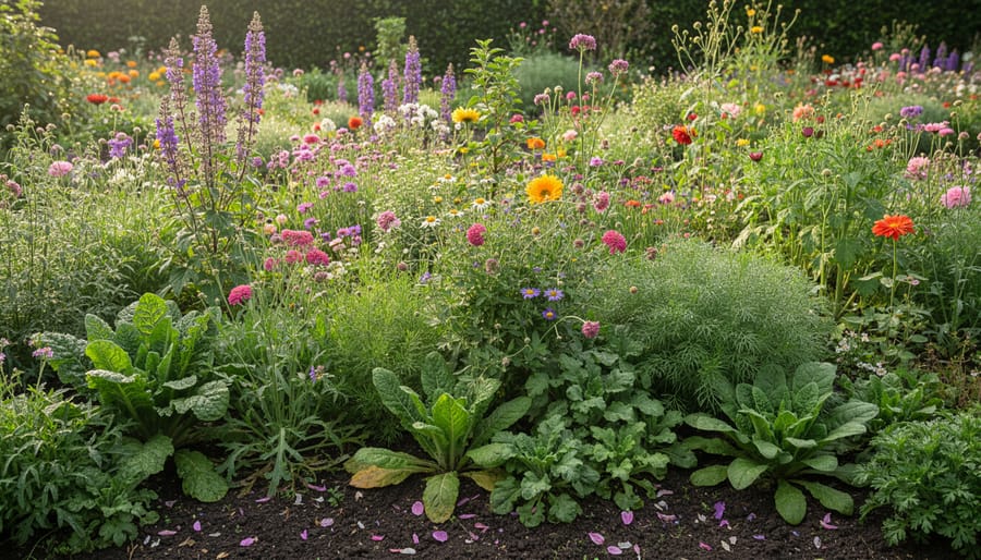 Mixed zinnias and wildflowers growing together in a backyard garden bed with no neat rows
