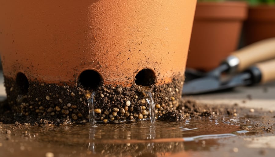 Close-up of a terracotta plant pot showing drainage holes in the bottom, held by a gardener.