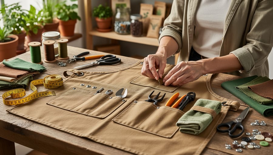 Person sewing a gardening apron using upcycled fabric at a sewing machine