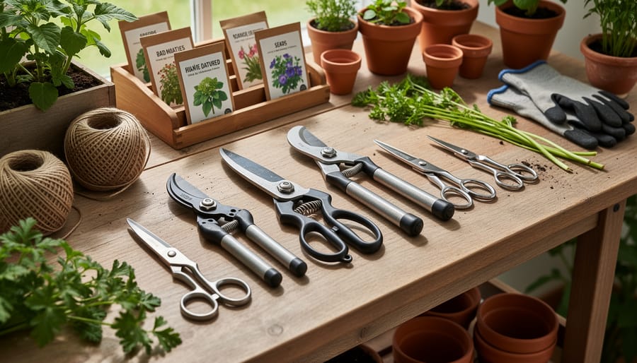 Garden scissors laid out on a work surface beside pruning debris in a basket