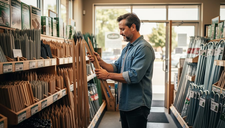 Gardener comparing gardening stakes in a local garden center aisle.