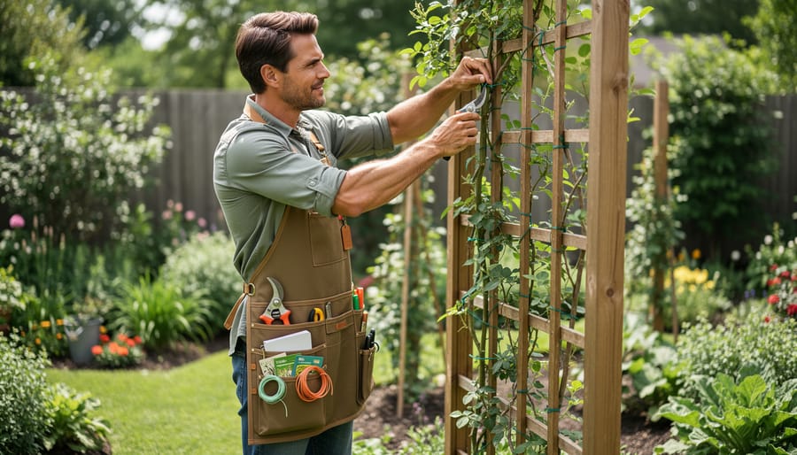Gardener wearing a pocketed gardening apron while tying climbing plants to a trellis
