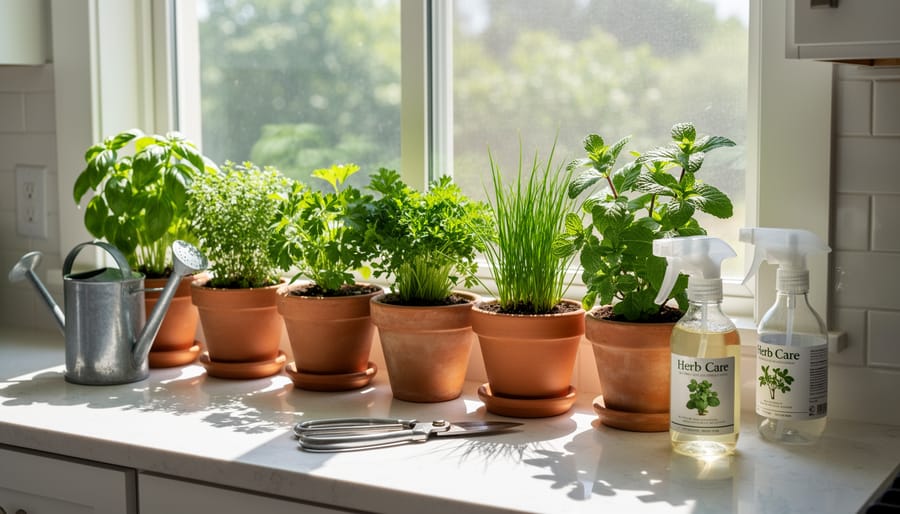 Beginner herb garden with basil, parsley, chives, and mint in small pots on a sunny kitchen windowsill with a watering can and gloves nearby