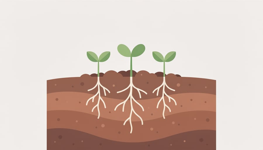 Close-up of dark garden soil with visible seedling roots and a kid-sized spade at the edge of the frame