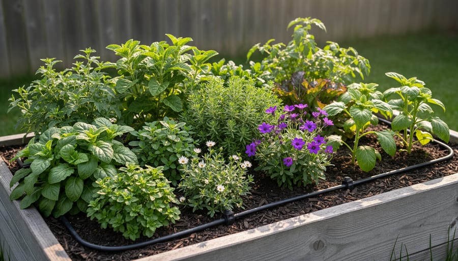 Outdoor raised herb bed with rosemary, thyme, and oregano illuminated by golden hour sunlight