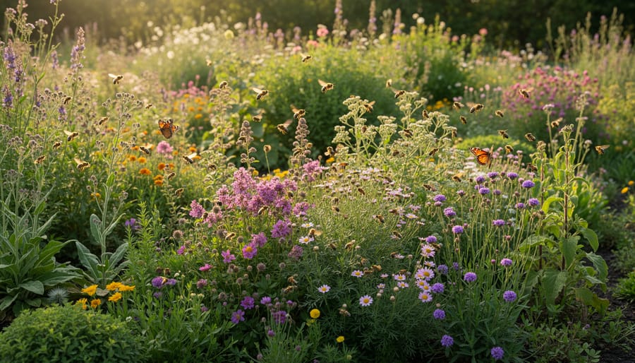 Honeybee and butterfly on wildflower blooms in a diverse garden planting