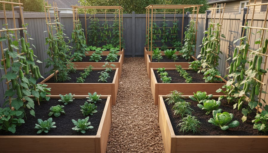 Raised bed garden layout with vertical supports, mulched pathways, and diverse healthy plants during golden hour.