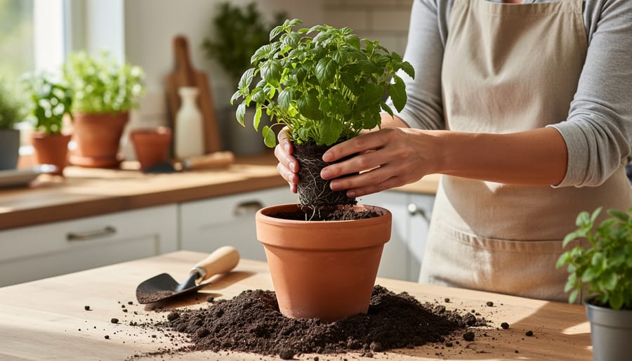 Hands repotting a small basil herb plant into a terracotta container with potting mix visible