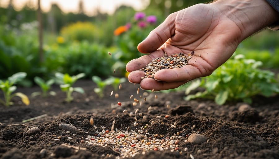 Gardener’s hands scattering mixed flower seeds onto soil in a prepared garden area