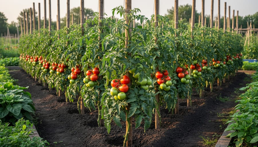 Tomato plants growing upright with sturdy stakes and ties in a garden bed.