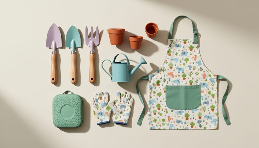 Kid-sized gardening tools and accessories arranged for a toddler gardening set gift