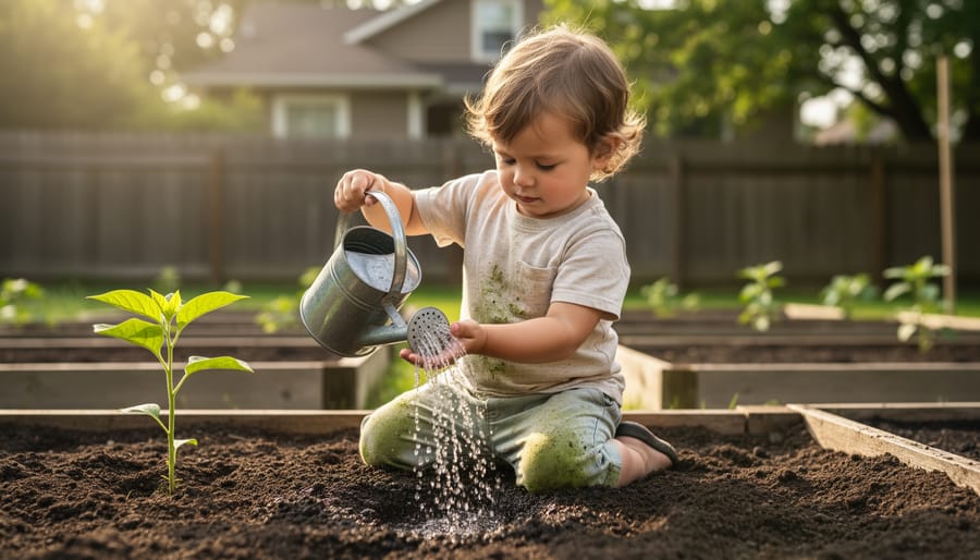 Toddler kneeling in a garden bed watering a small seedling with a kid-sized watering can