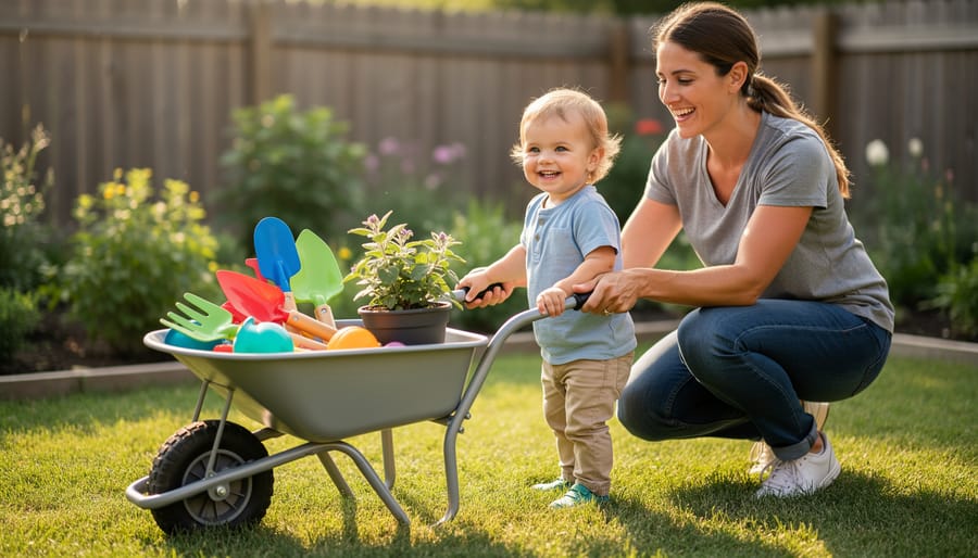 Toddler and parent pushing a kid wheelbarrow with soil and seedlings in a backyard garden