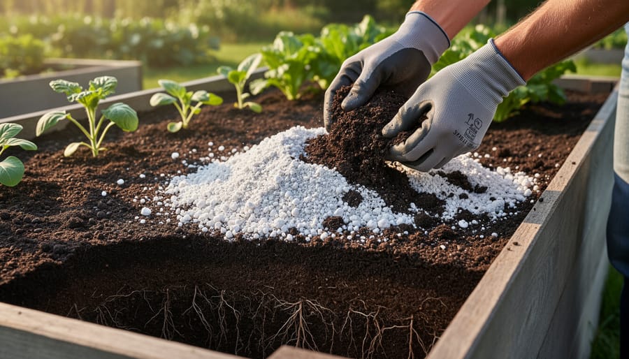 Gardener’s hands and wheelbarrow showing mixed dark compost and soil ingredients for filling a raised bed.