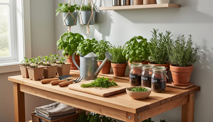 A compact balcony garden uses a gardening table as a neat workspace for seedlings and herb preparation.