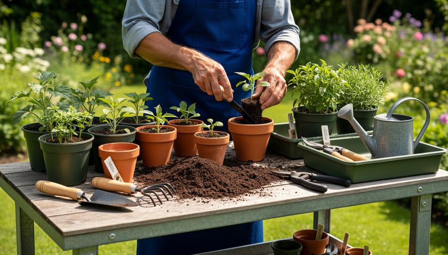 A gardener potting seedlings at an outdoor gardening table on a patio with tools and containers nearby.