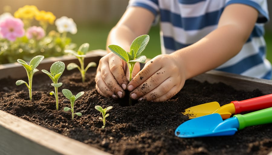 Child planting a seedling into rich soil while a watering can mists water nearby at sunset
