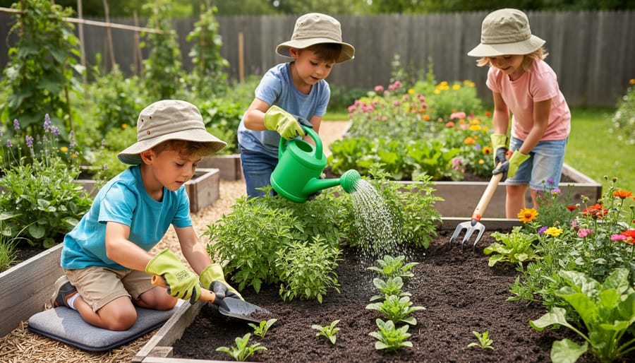 Children kneeling in a community garden using kid-sized pruner and tending a vegetable patch