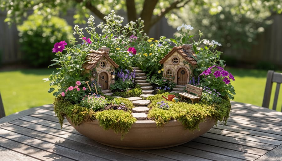 Close-up of a fairy garden planter with moss, tiny mushrooms, and miniature stepping stones on a patio table