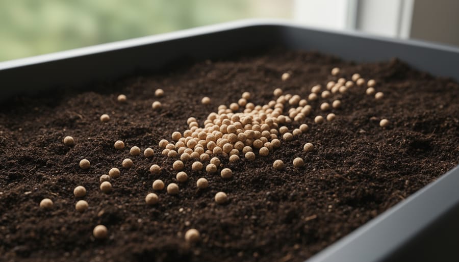Close-up of slow-release fertilizer pellets placed on top of potting mix in a terracotta container