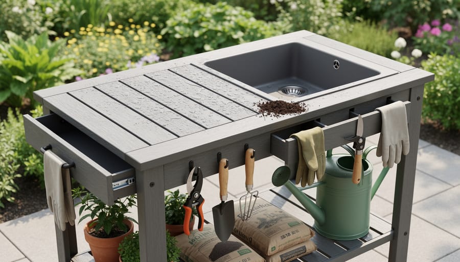 Close-up view of an outdoor gardening table showing drainage holes, tool hooks, and a weather-resistant wood surface.