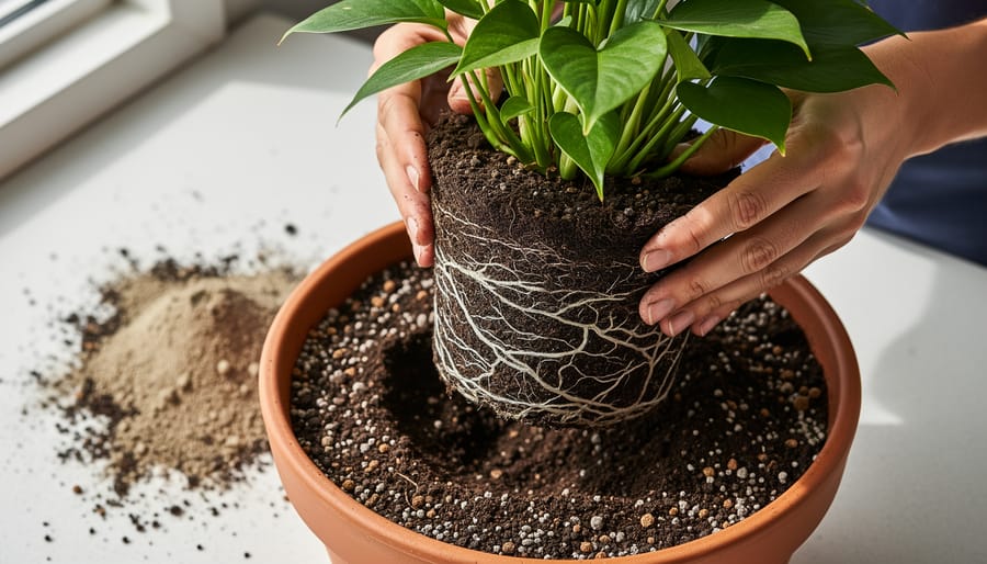 Close-up view of moist potting mix with fine roots near the soil surface inside a plant container.