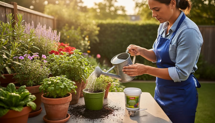 Gardener watering and preparing fertilizer for healthy container plants on a patio