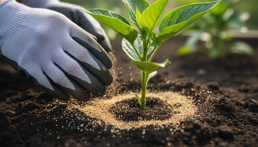 Gloved gardener hands spreading fertilizer granules into the soil of a potted plant from above.