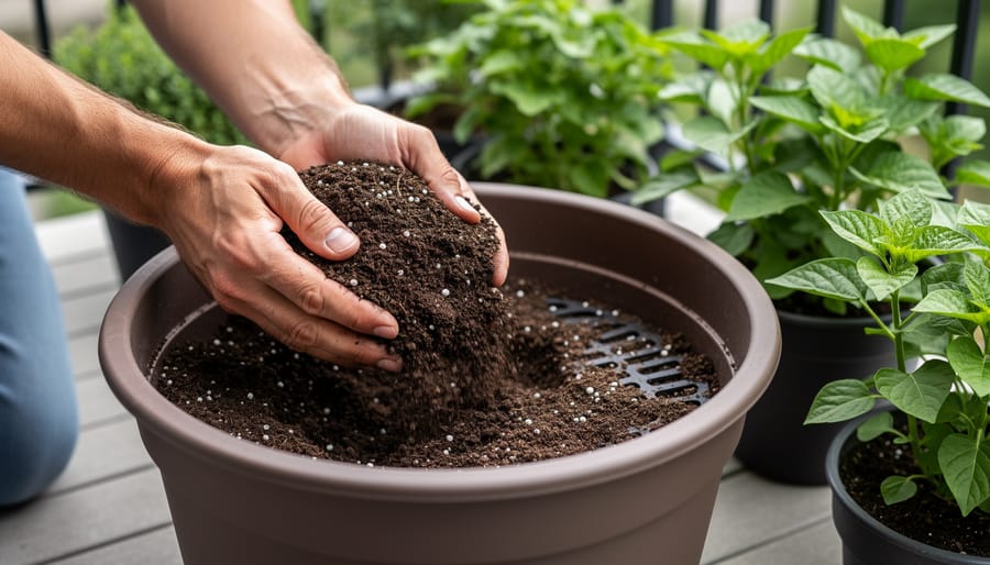 Hands filling a planter with potting mix next to a trowel and pruners, with healthy seedlings in the background.