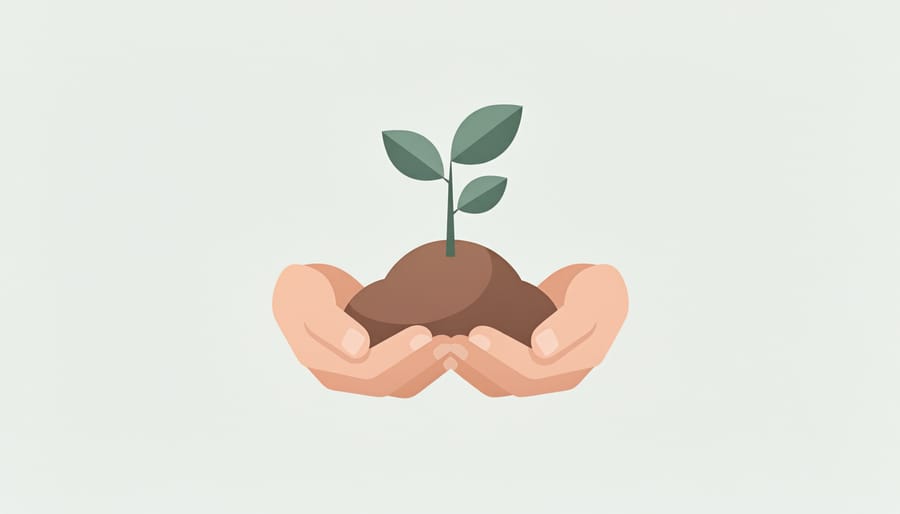 Hands holding dark soil with a small green seedling, with a softly blurred garden background