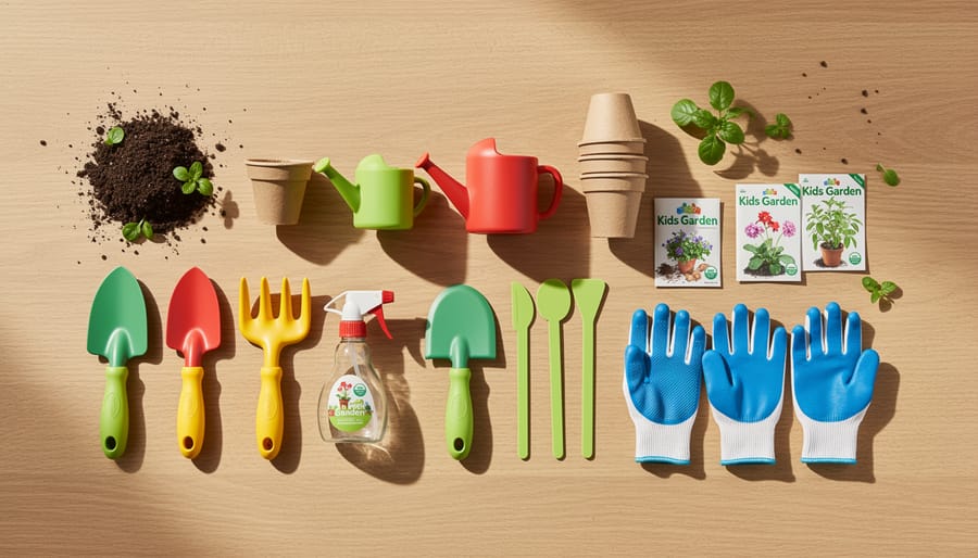 Kids gardening tools and accessories neatly arranged on a patio table