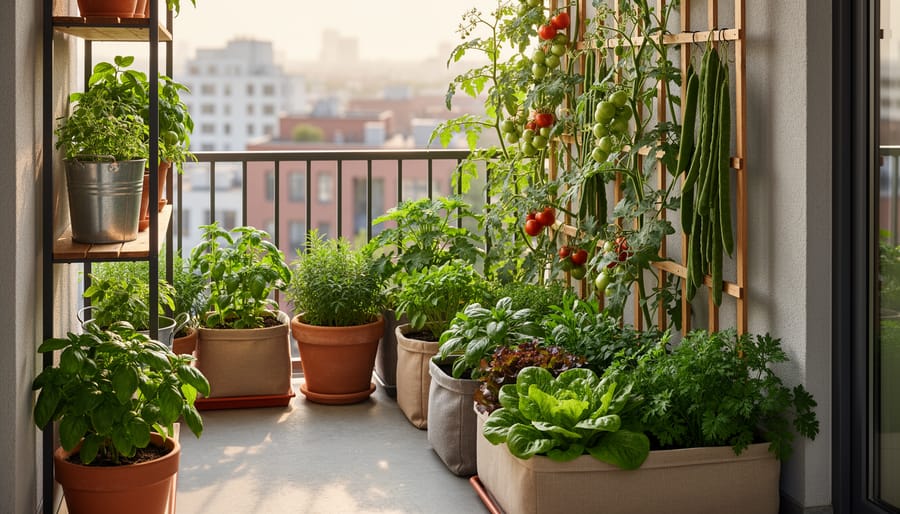 Lush herbs and climbing plants growing in terracotta pots on a small apartment balcony with a watering can nearby.