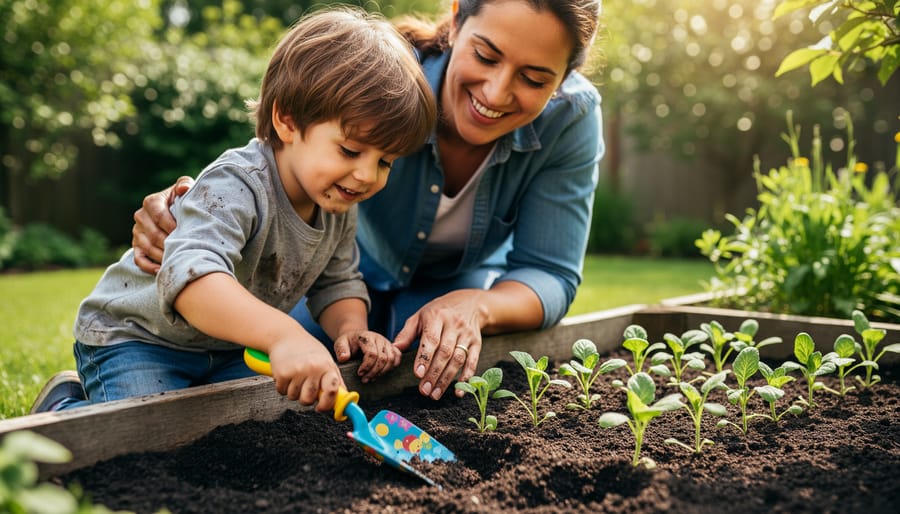 Parent and child kneeling in a backyard garden bed tending sprouting seedlings with a child-sized trowel