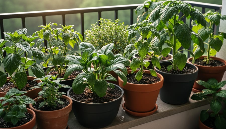 Sunlit container plants with glossy leaves and compact growth on a small patio.