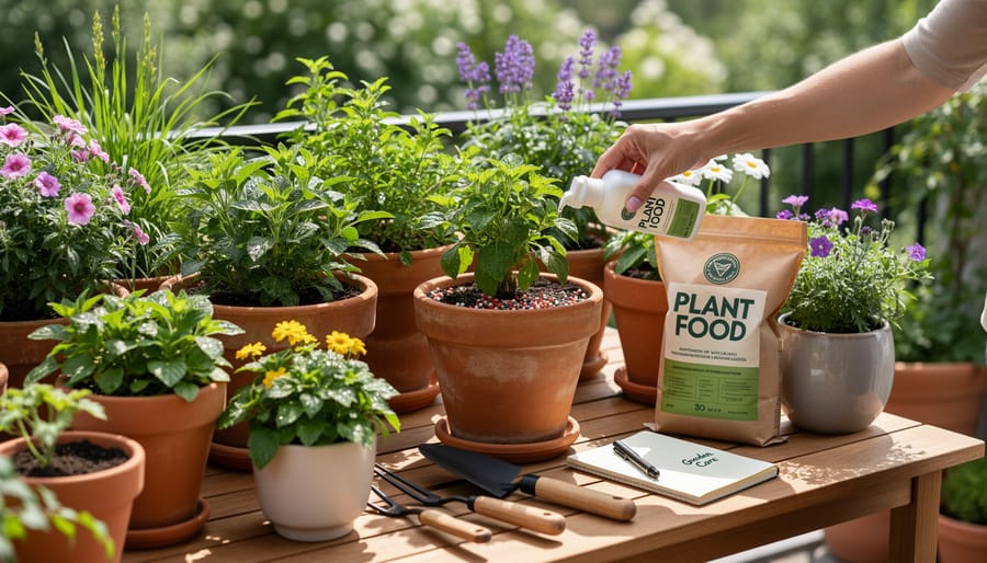 Terracotta pots of basil and marigolds on a balcony next to a watering can under soft daylight.