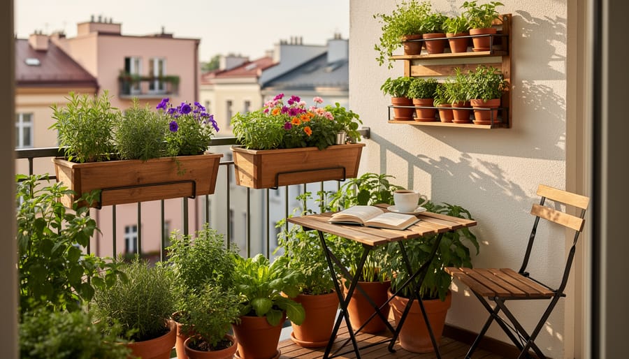 Terracotta pots with herbs and blooming flowers on a sunny apartment balcony beside a watering can and gardening gloves