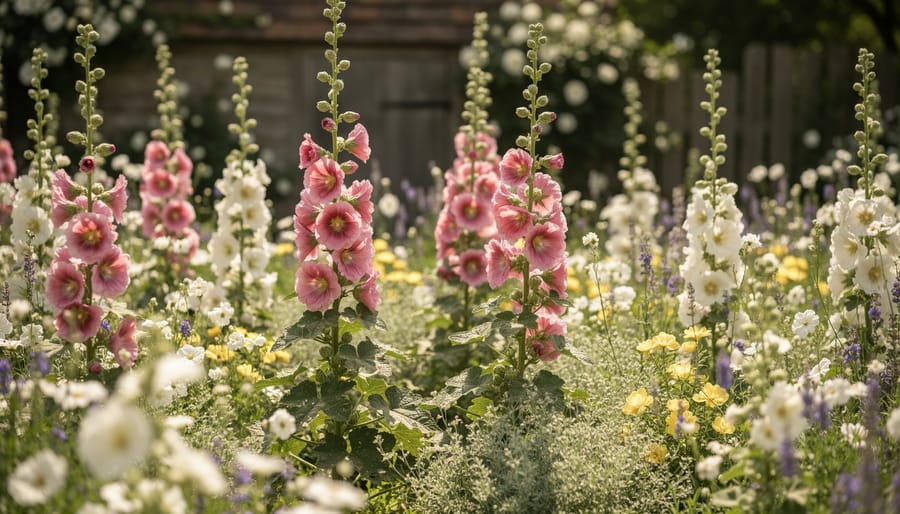 Tall hollyhocks with rose-pink blooms in a classic cottage garden border