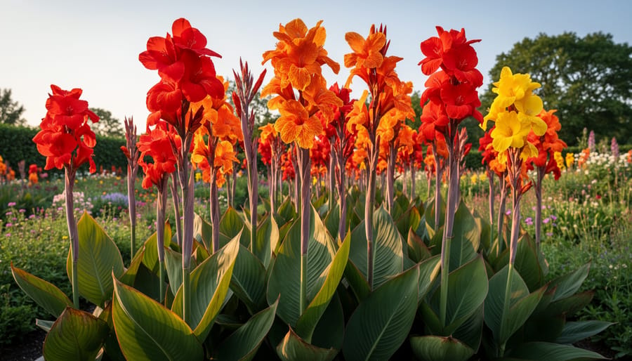 Canna lilies with striped bronze-green leaves and vibrant orange-red flower spikes in a garden.