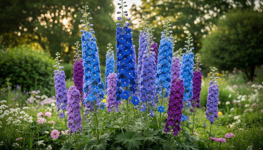 Blue delphinium flower spikes towering above a cottage garden border