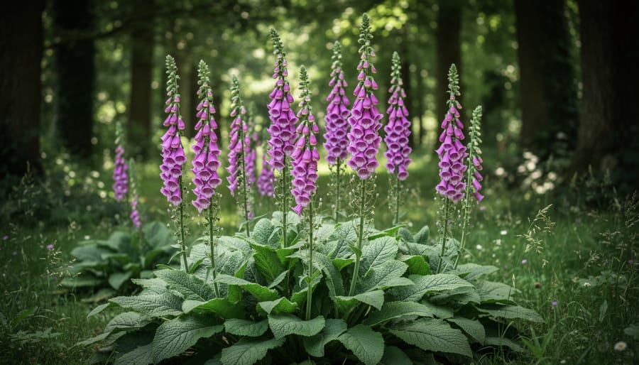 Purple foxglove flower spikes in a shaded cottage garden